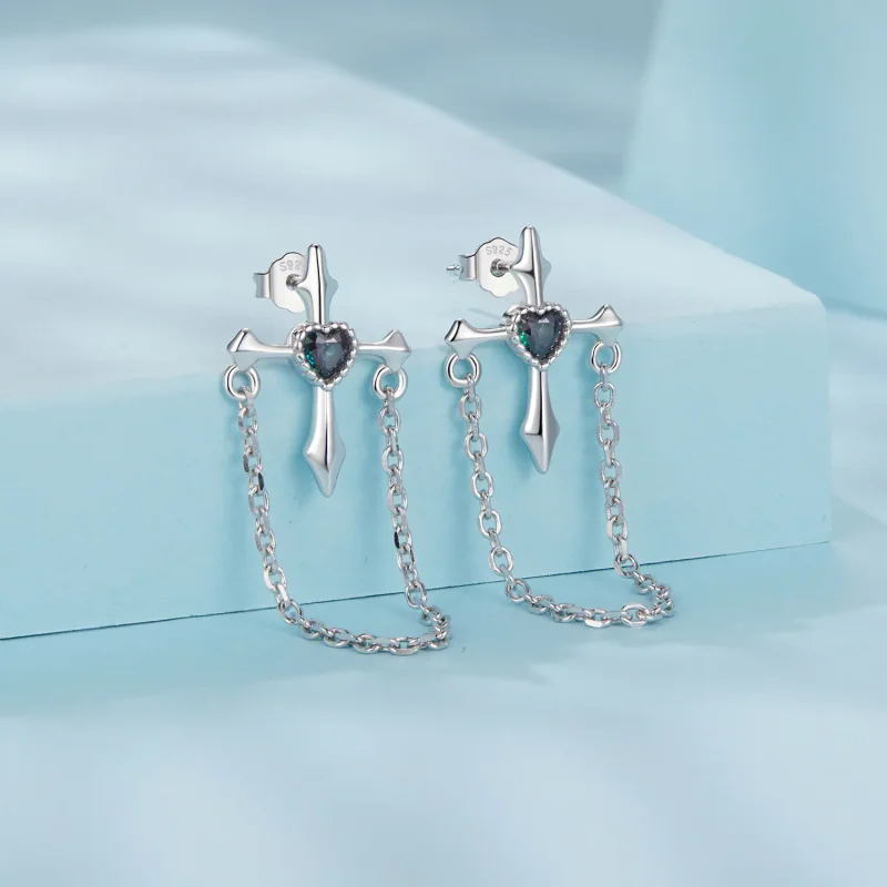 (slika za) Uhani s križcem iz verižice v slogu PANDORA - SCE1808 - Ogled 2