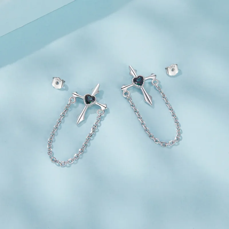 (slika za) Uhani s križcem iz verižice v slogu PANDORA - SCE1808 - Ogled 4