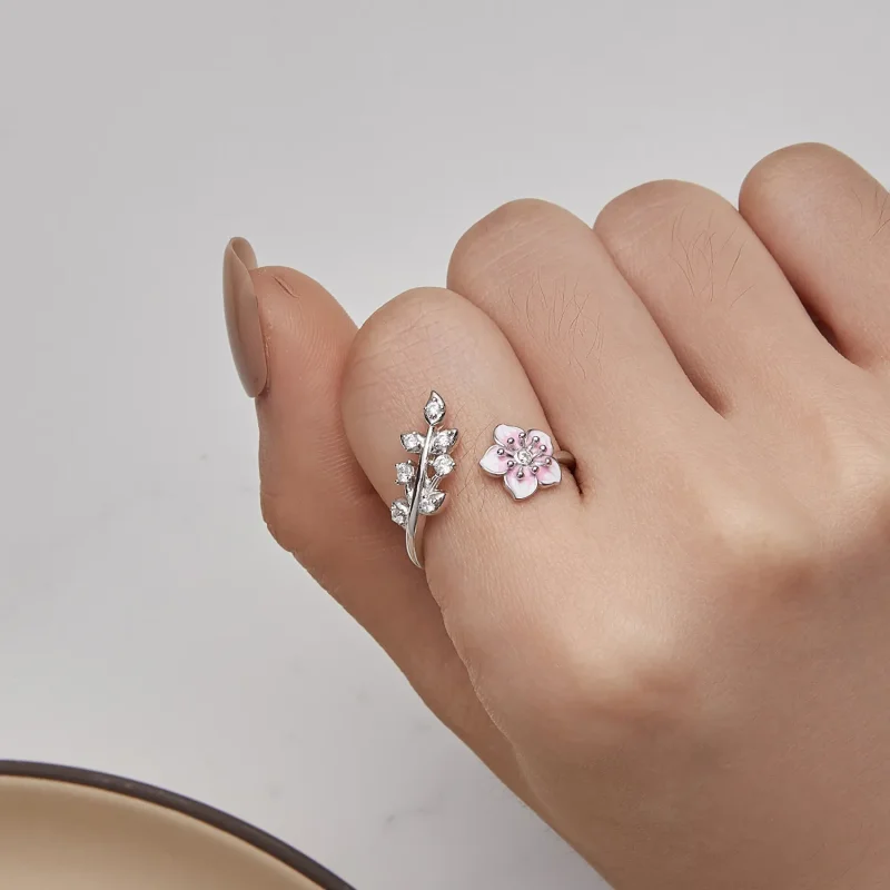 (slika za) Odprt prstan s češnjevimi cvetovi v stilu Pandora - BSR438 - Ogled 6