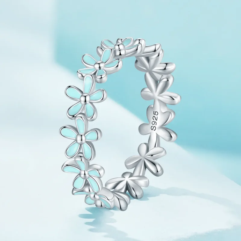 (slika za) Prstan z majhnimi modrimi cvetovi v slogu Pandora - SCR931 - Ogled 2