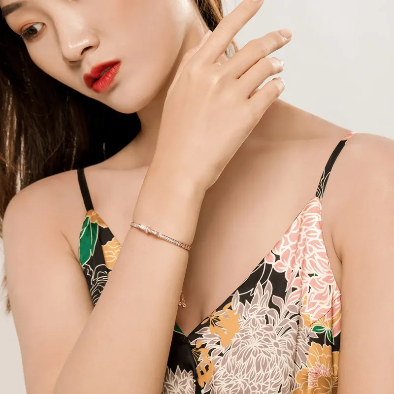 (slika za) Drsna zapestnica z zaponko s sladko pentljo v stilu Pandora iz rožnatega zlata - - Ogled 2