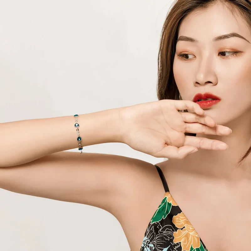 (slika za) Drsna zapestnica z verižico v obliki srebrnega oceanskega srca v stilu Pandora - - Ogled 4