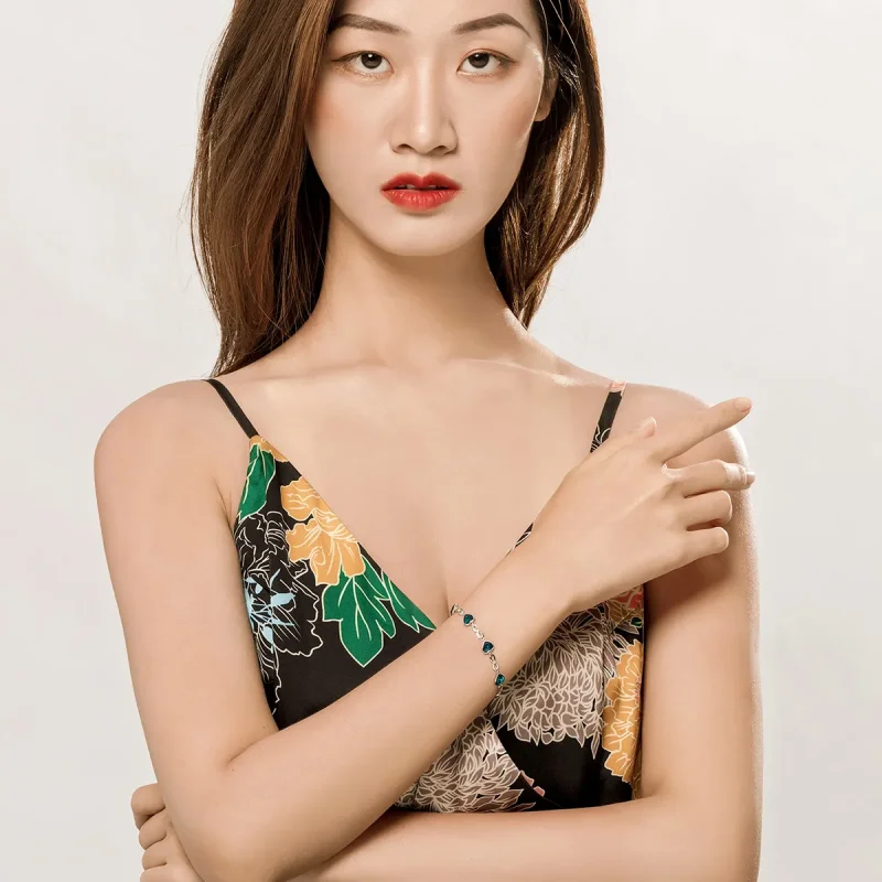 (slika za) Drsna zapestnica z verižico v obliki srebrnega oceanskega srca v stilu Pandora - - Ogled 5