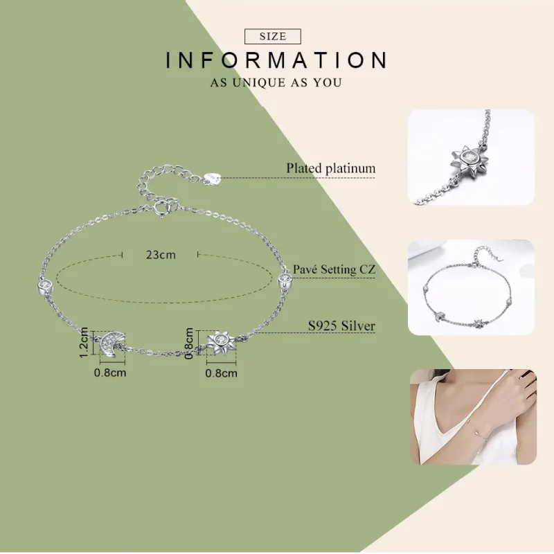 (slika za) Drsna zapestnica z verižico v slogu Pandora, srebrna luna, sonce in zvezde - SCB - Ogled 4