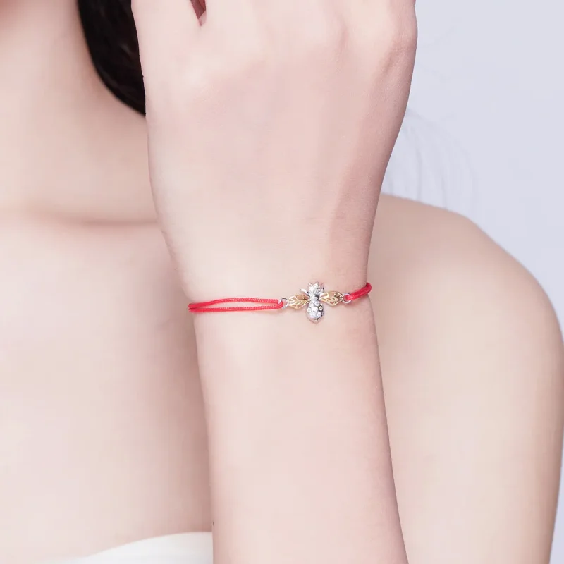 (slika za) Rdeča vrv v stilu Pandora s srebrno in pozlačeno čebelo zapestnico - SCB156 - Ogled 5