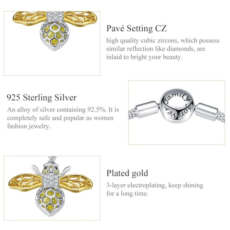 (slika za) Srebrna in pozlačena Pandora Style Pridna in ljubka zapestnica iz čebele mreže - - Ogled 6