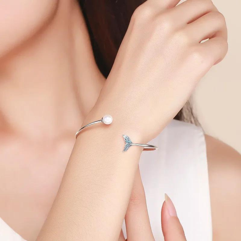 (slika za) Srebrna morska deklica z odprto zapestnico v slogu Pandora - SCB123 - Ogled 2