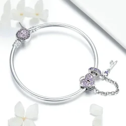 Srebrno roza ključ Pandora in zapestnica Pave Heart Lock - SCB820