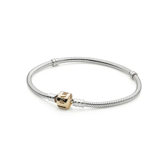 (slika za) PANDORA srebrna zapestnica z obeski z zaponko iz 14K zlata - 590702HG - Zapestnice