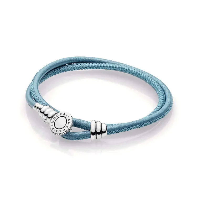 PANDORA turkizna dvojna usnjena zapestnica, prozorna CZ - 597194CTQ-D