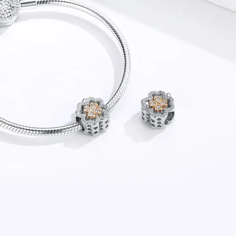 (slika za) Obesek s štiriperesno deteljico v slogu Pandora iz srebra in rožnatega zlata - S - Ogled 4