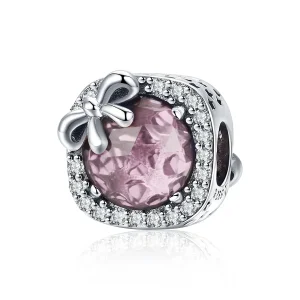 Obesek z rožnato pentljo v slogu Pandora, srebrni pavé - SCC1058-Pk (slika za) Obesek z rožnato pentljo v slogu Pandora, srebrni pavé - SCC1058-Pk