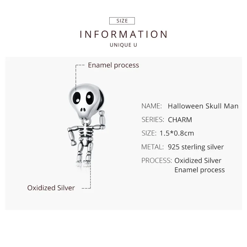 (slika za) Srebrni obesek lobanja za noč čarovnic v slogu Pandora - SCC1617 - Ogled 8