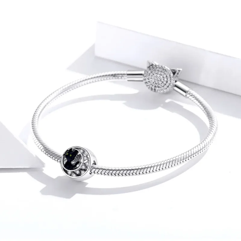 (slika za) Srebrni obesek za noč čarovnic s črno mačko v stilu Pandora - BSC325 - Ogled 3