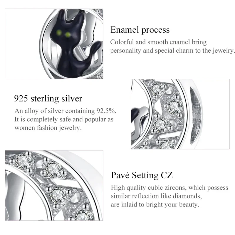 (slika za) Srebrni obesek za noč čarovnic s črno mačko v stilu Pandora - BSC325 - Ogled 7