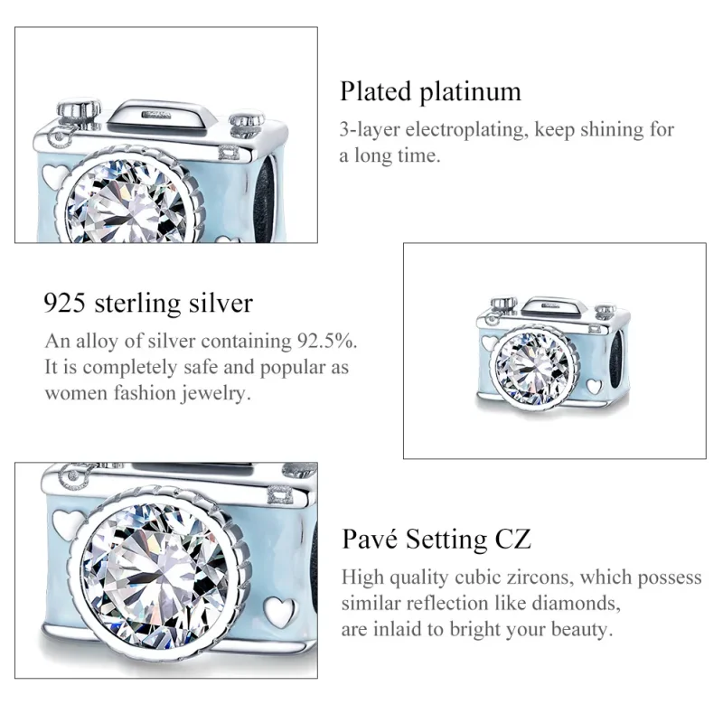(slika za) Srebrno moder obesek s fotoaparatom v stilu Pandora - BSC264 - Ogled 7