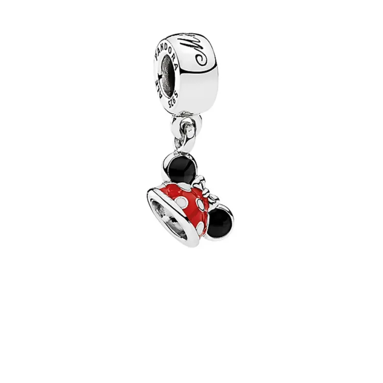PANDORA Disney Minnie kapa z ušesi srebrna viseča s črnim, rdečim in belim emajlom - 792122ENMX