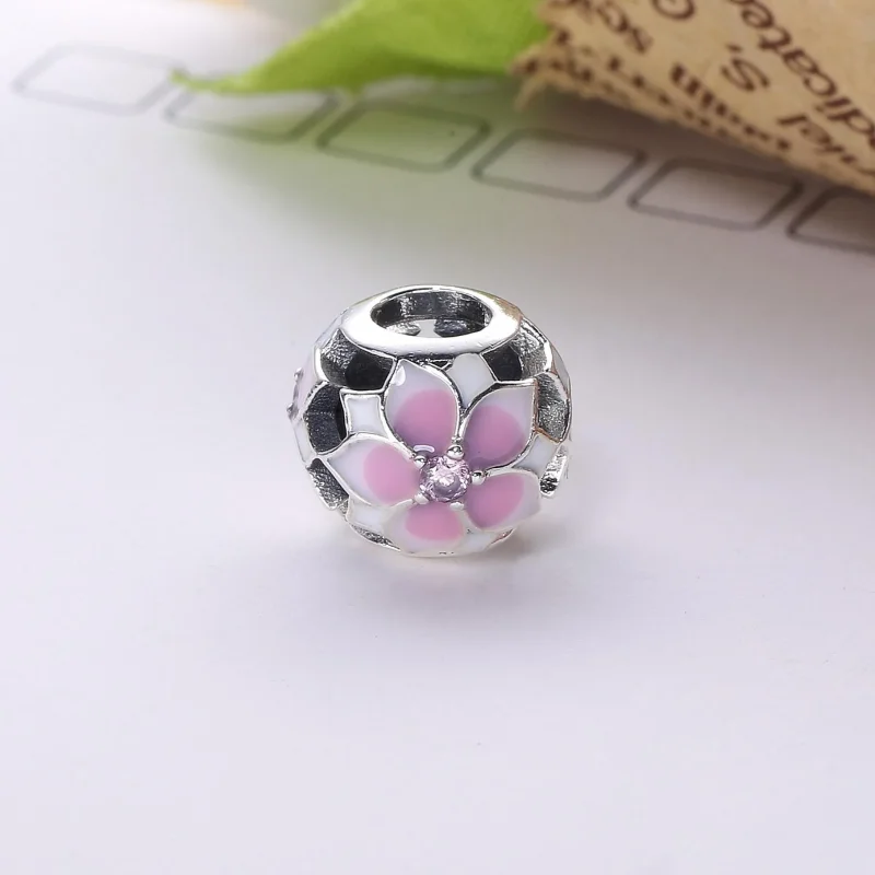 (slika za) PANDORA Magnolia Bloom Pale Cerise Enamel Pink CZ Charm - 792087PCZ - Ogled 3