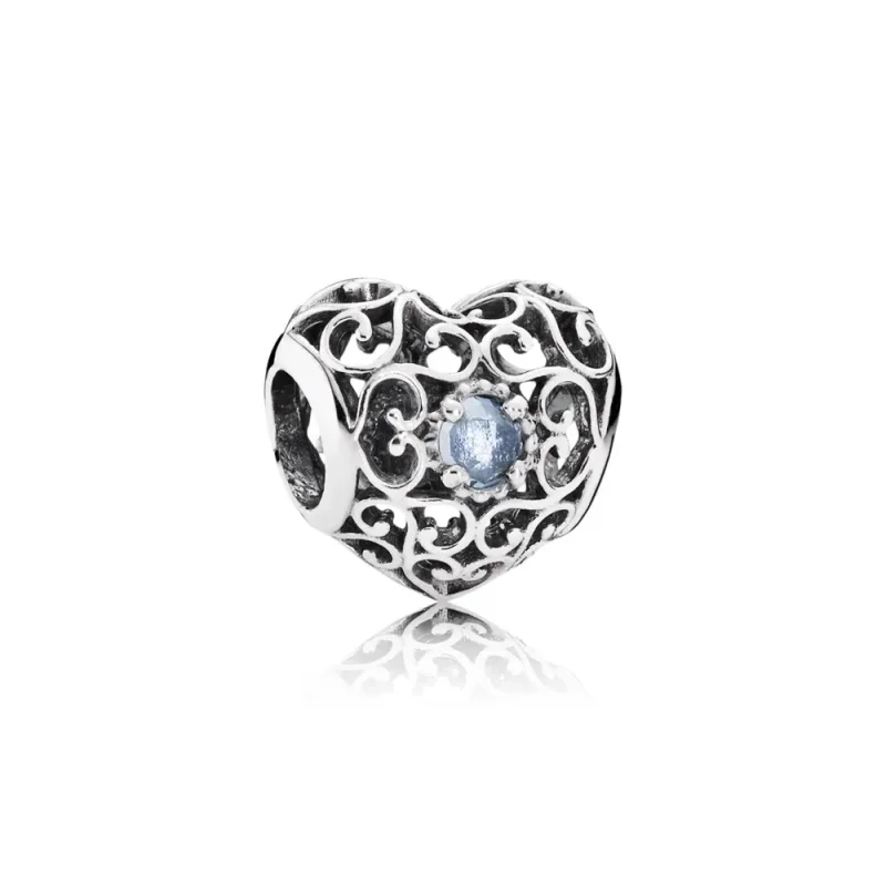 (slika za) PANDORA March Signature Heart Charm, Aqua Blue Crystal - 791784NAB - Slika izdelka