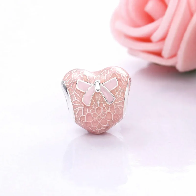 (slika za) PANDORA Pink Bow Lace Heart Charm, Transparent Misty Rose nežno roza emajl - 792 - Ogled 2