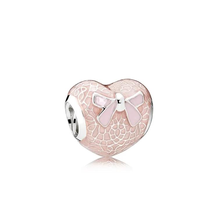 PANDORA Pink Bow Lace Heart Charm, Transparent Misty Rose nežno roza emajl - 792044ENMX