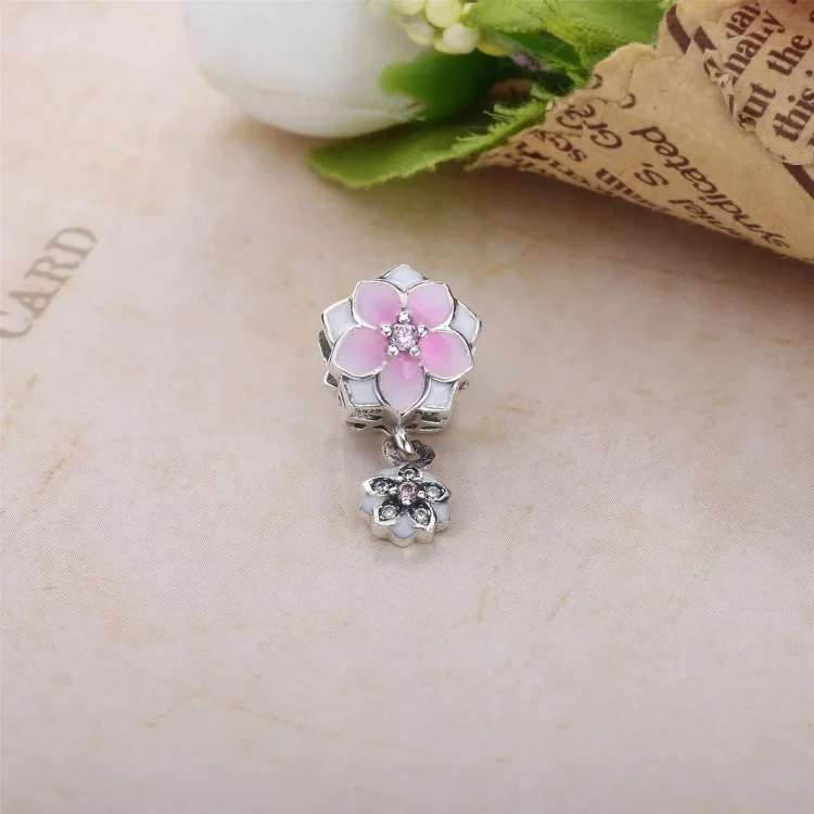PANDORA Rose Gold Magnolia Bloom Pale Cerise Enamel Pink Clear CZ Da Viseča - 792077PCZA