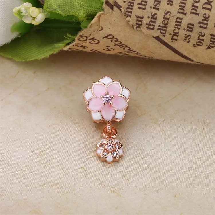 PANDORA Rose Gold Magnolia Bloom Pale Cerise Enamel Pink Clear CZ Da Viseča - 792077PCZA