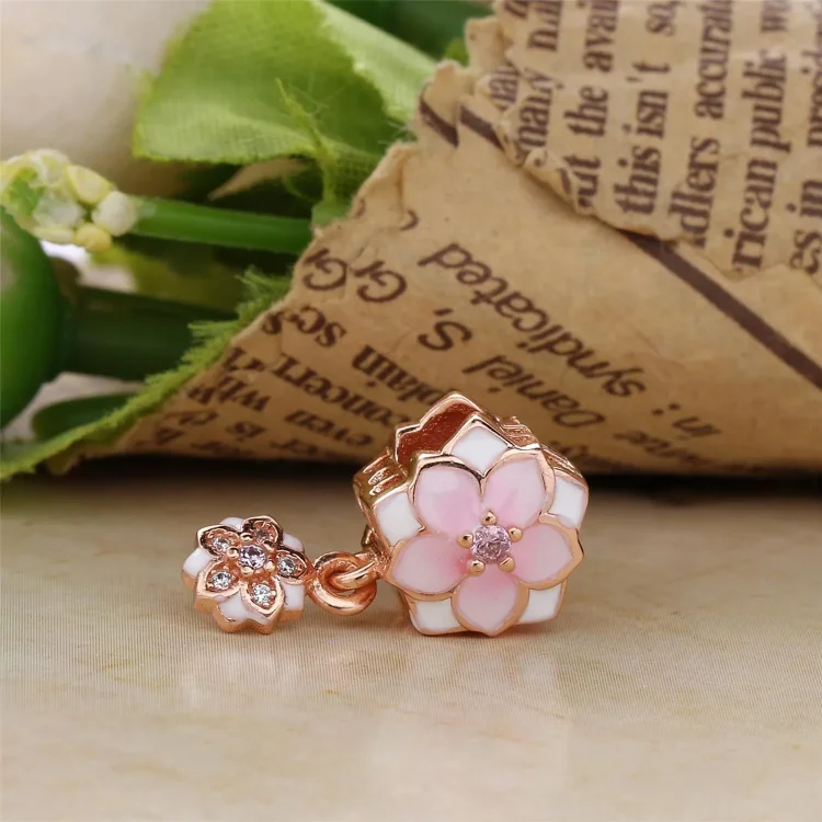 PANDORA Rose Gold Magnolia Bloom Pale Cerise Enamel Pink Clear CZ Da Viseča - 792077PCZA