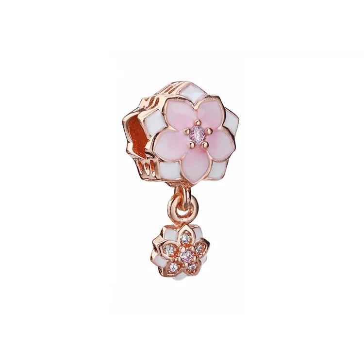 PANDORA Rose Gold Magnolia Bloom Pale Cerise Enamel Pink Clear CZ Da Viseča - 792077PCZA