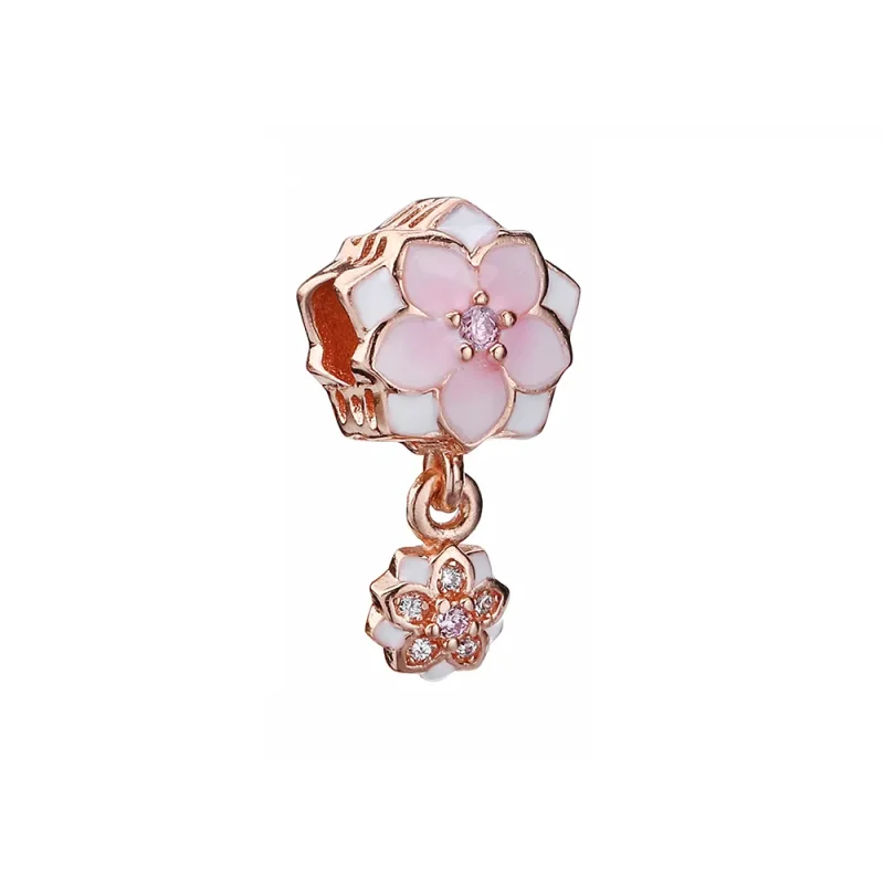 (slika za) PANDORA Rose Gold Magnolia Bloom Pale Cerise Enamel Pink Clear CZ Da Viseča - 792077PCZA - Slika izdelka