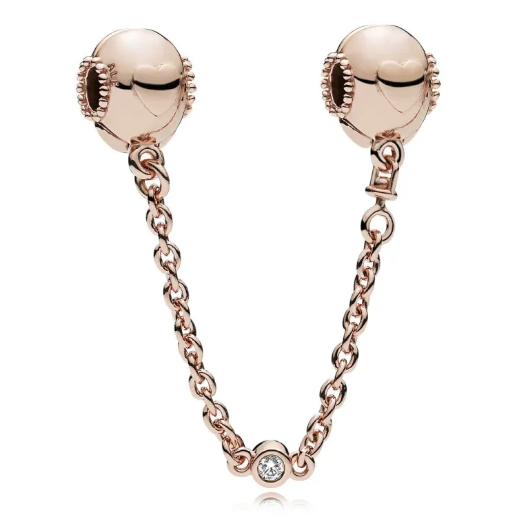 Varnostna verižica z reliefnimi srčki, PANDORA Rose™ & Clear CZ - 787636CZ