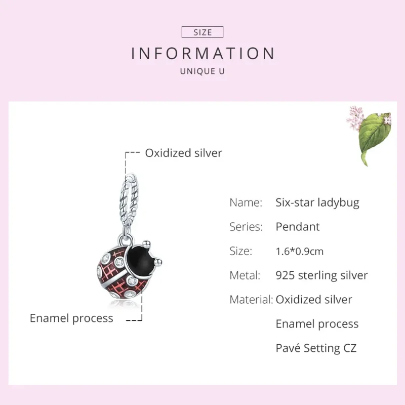 (slika za) Srebrna viseča pikapolonica s šestimi zvezdicami v stilu Pandora - SCC1874 - Ogled 6