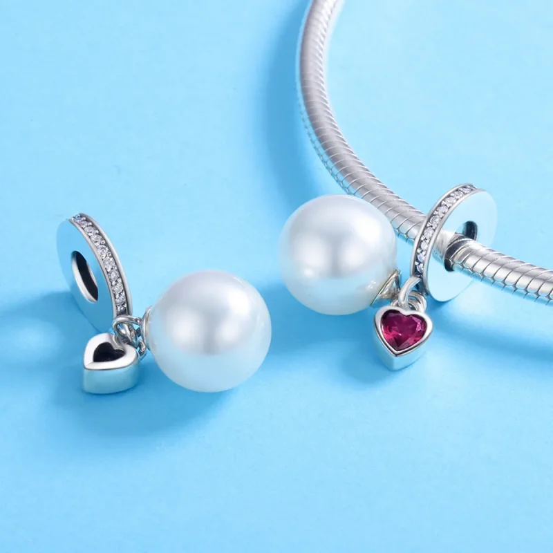 (slika za) Srebrne bele perle in viseči srčki v slogu Pandora - SCC782 - Ogled 4