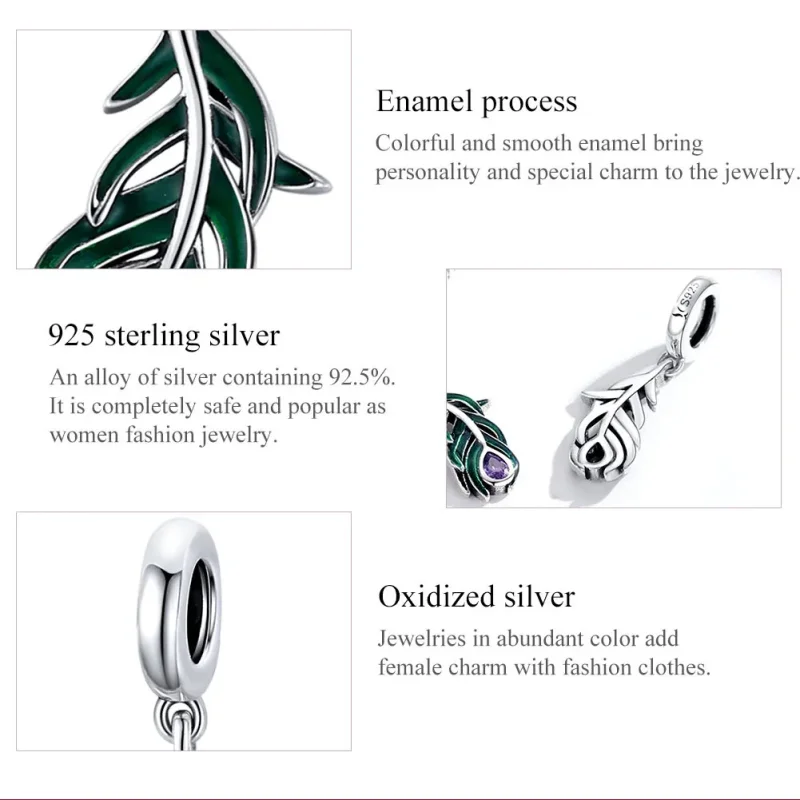 (slika za) Viseči viseči srebrni pavji peresi v stilu Pandora - SCC1704 - Ogled 7