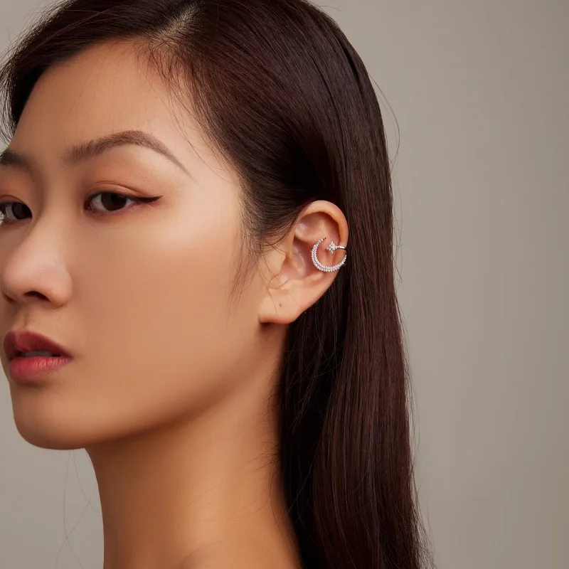 (slika za) Sponka za uho z luno in zvezdami v slogu Pandora - BSE701 - Ogled 7