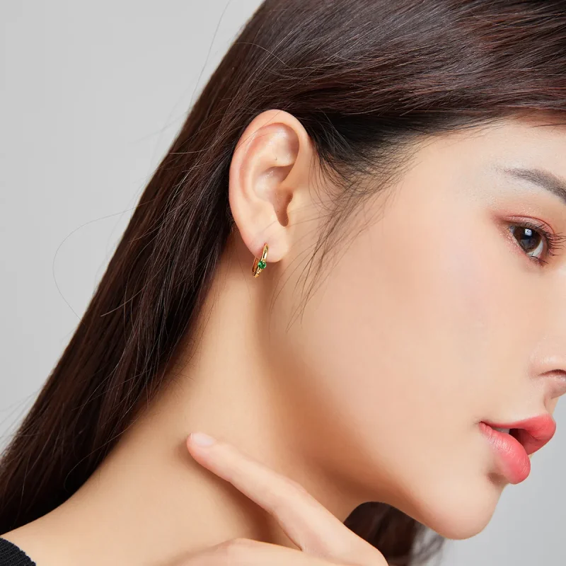 (slika za) Obročasti uhani iz 18-karatnega pozlačenega zelenega cirkona v stilu Pandora - S - Ogled 4