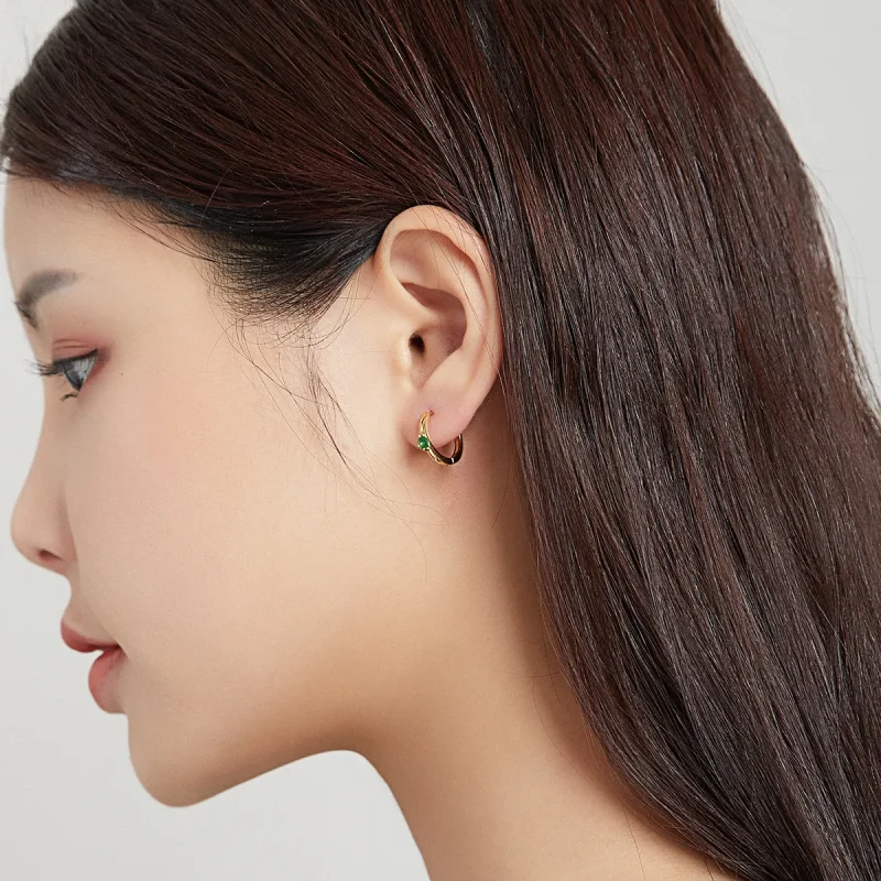 (slika za) Obročasti uhani iz 18-karatnega pozlačenega zelenega cirkona v stilu Pandora - S - Ogled 6