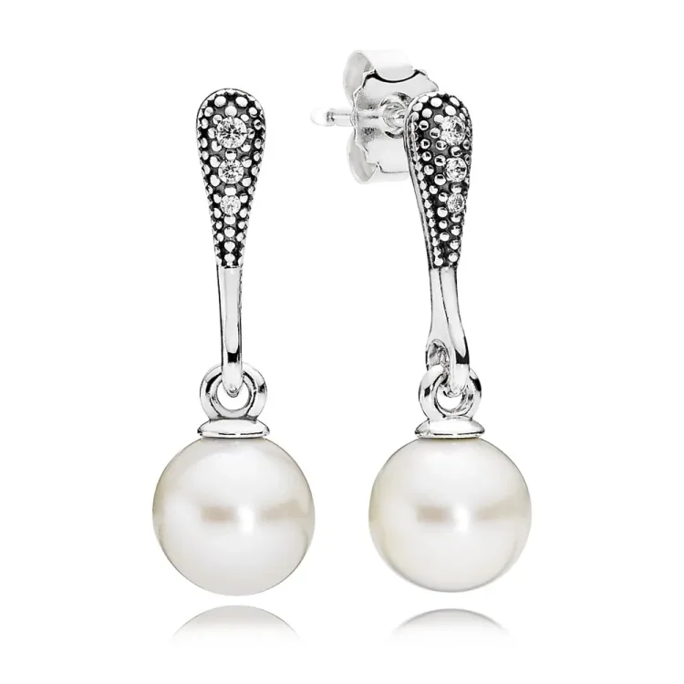 PANDORA Elegant Beauty, beli biserni prozorni uhani CZ - 290733P