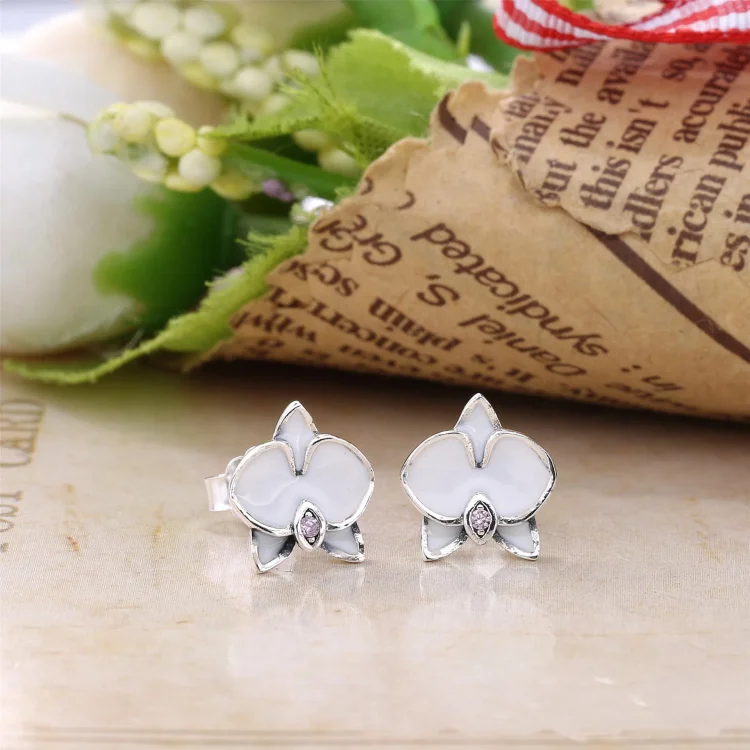 PANDORA Orchids, beli emajlirani prozorni uhani CZ - 290749EN12