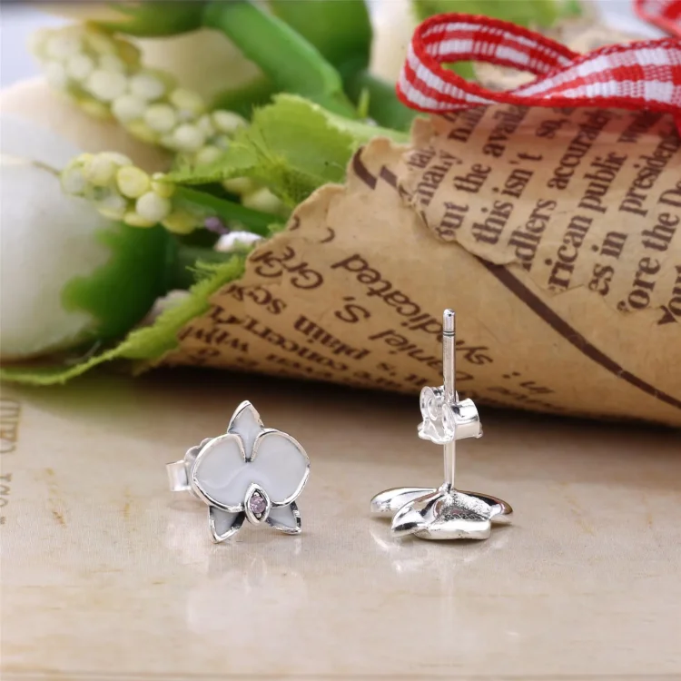 PANDORA Orchids, beli emajlirani prozorni uhani CZ - 290749EN12