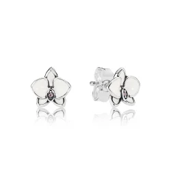 PANDORA Orchids, beli emajlirani prozorni uhani CZ - 290749EN12