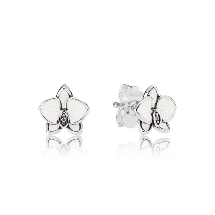 PANDORA Orchids, beli emajlirani prozorni uhani CZ - 290749EN12