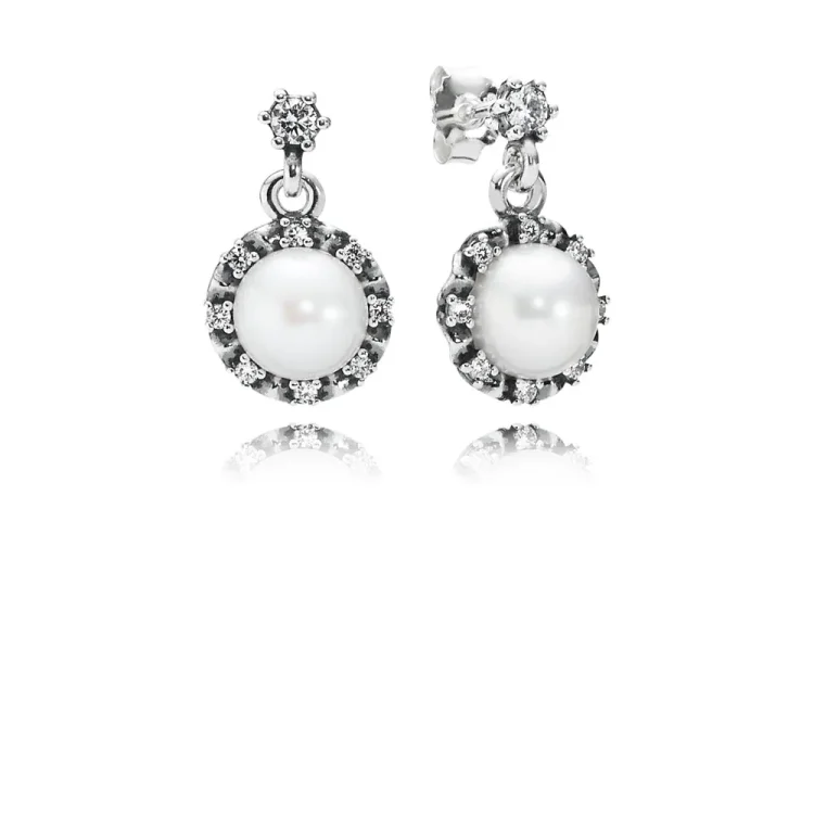 PANDORA Uhani Everlasting Grace, beli biser in prozoren Cz - 290562P