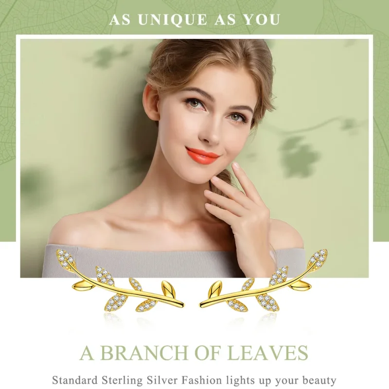 (slika za) Pozlačeni uhani z vejicami listov v stilu Pandora - SCE556 - Ogled 2