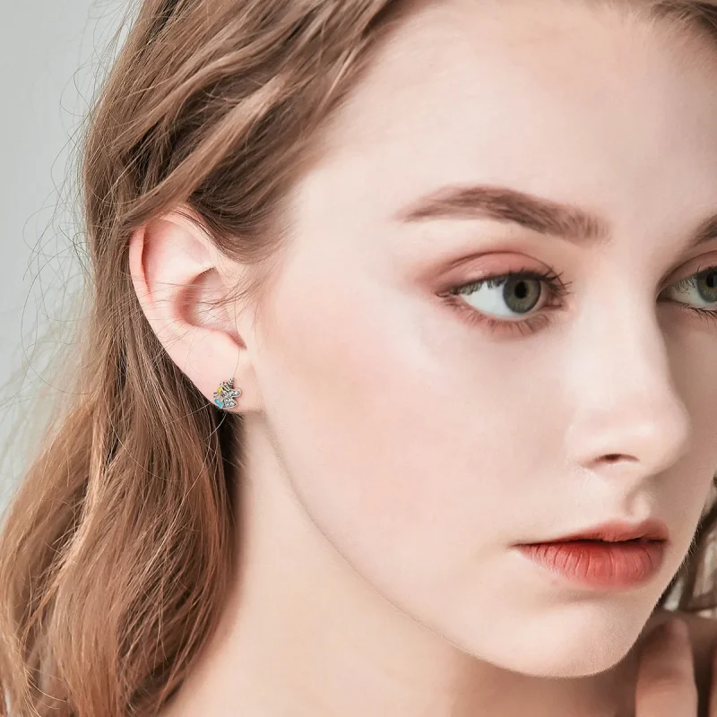 (slika za) Srebrni spominski uhani s samorogom v slogu Pandora - SCE426 - Ogled 7