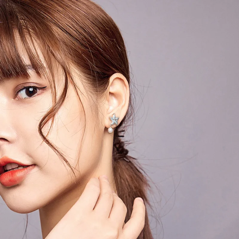 (slika za) Srebrni uhani v stilu Pandora z morsko zvezdo in biseri - BSE405 - Ogled 6