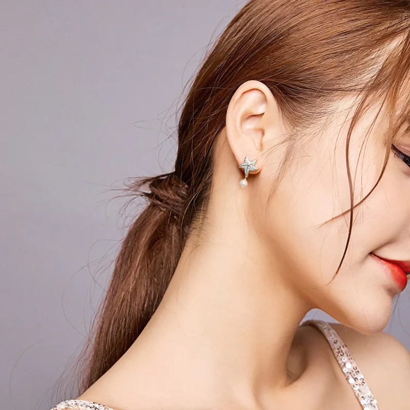 (slika za) Srebrni uhani v stilu Pandora z morsko zvezdo in biseri - BSE405 - Ogled 7