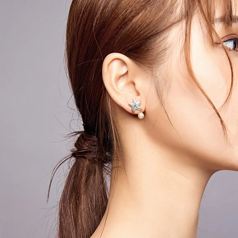 (slika za) Srebrni uhani v stilu Pandora z morsko zvezdo in biseri - BSE405 - Ogled 8