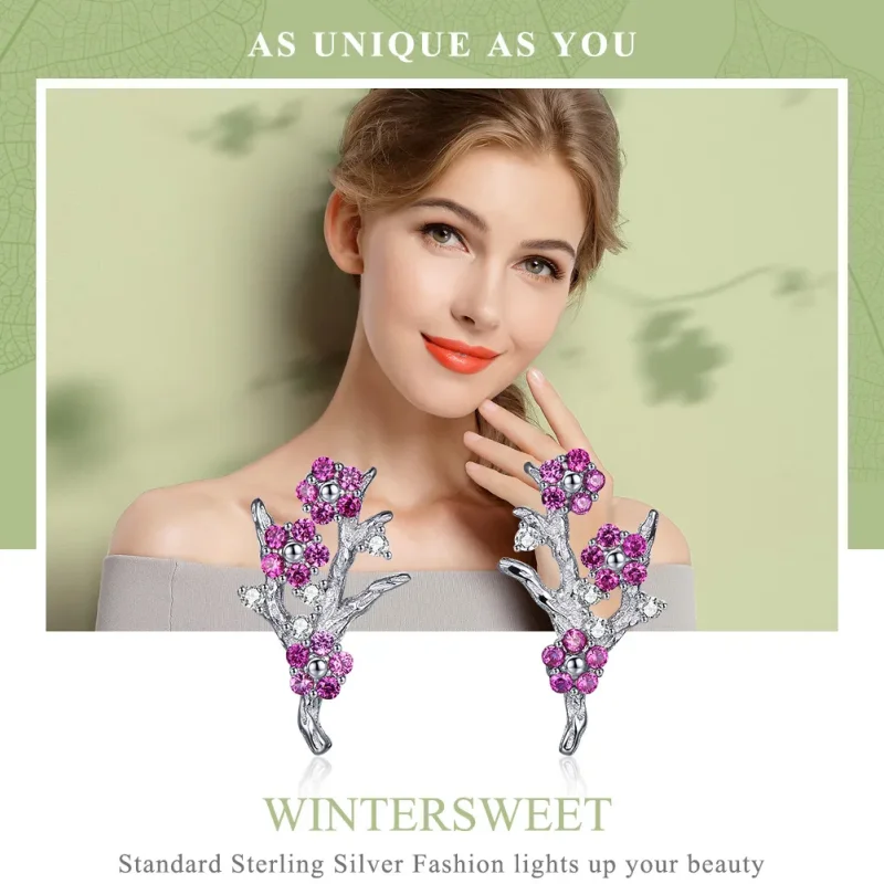 (slika za) Srebrni uhani z žepni v slogu Pandora s cvetovi breskve - BSE040 - Ogled 6