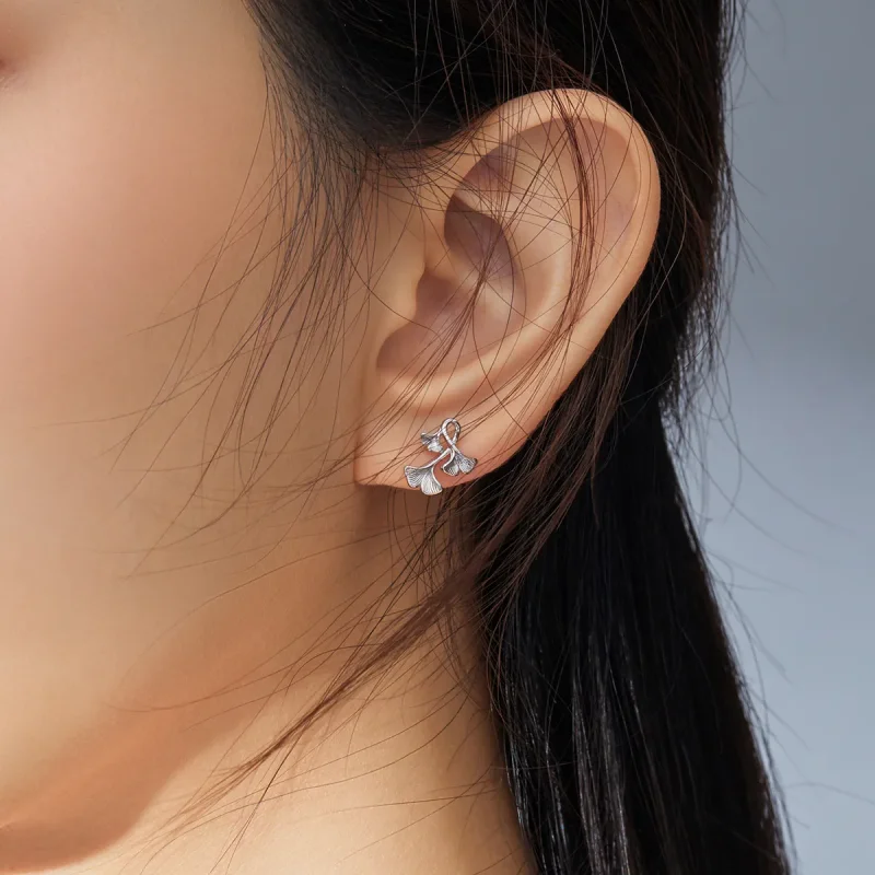 (slika za) Srebrni uhani z listi ginka v stilu Pandora - BSE328 - Ogled 7